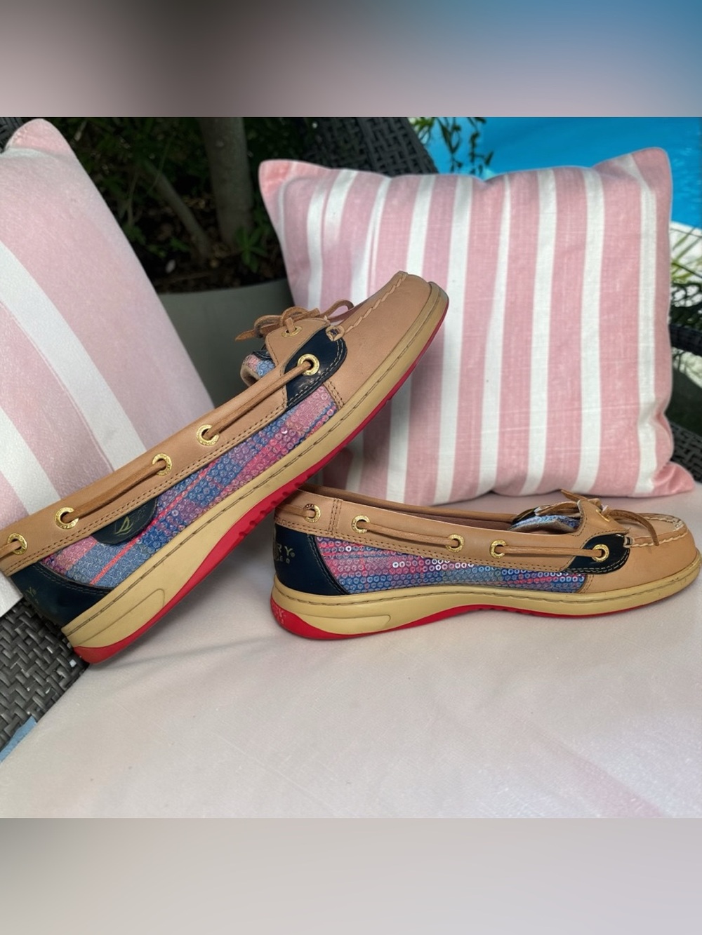 Sperry Women’s Tan, Navy & Multicolor Sequin Boat Shoe - Picture 2 of 5
